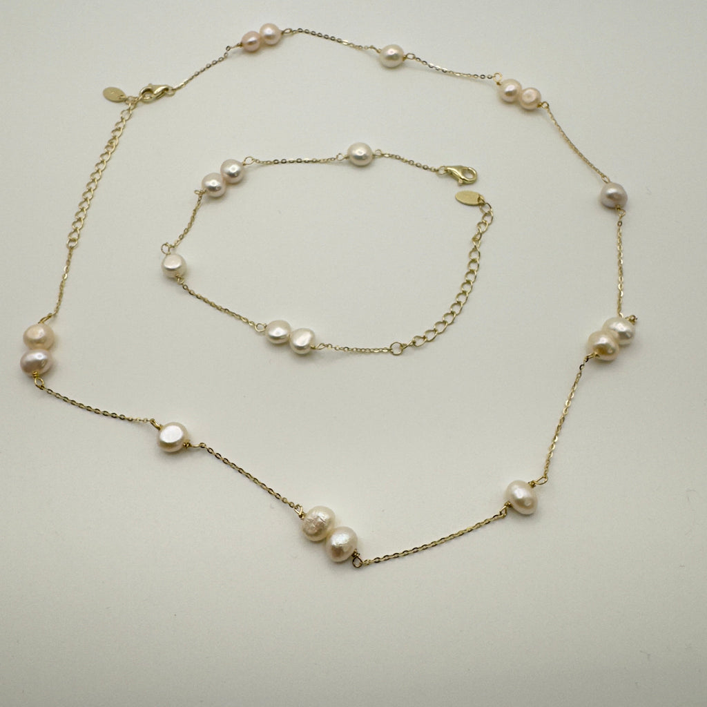 Luxe Pearl Station Necklace & Bracelet Jewelry Set - 925 Sterling Silver with 14K Gold Plating | Child & Teen Safe | Amtikiss Casuals
