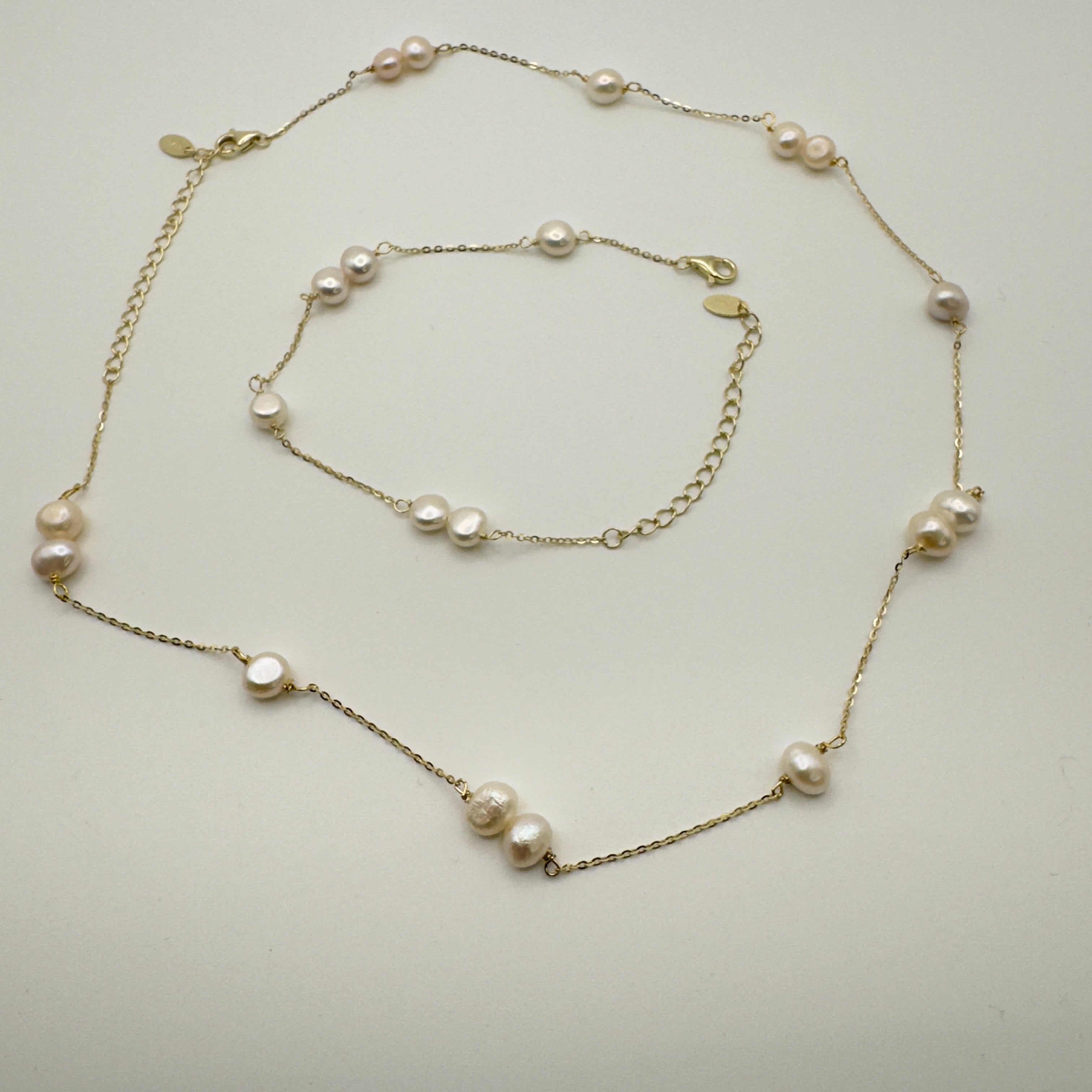 Luxe Pearl Station Necklace & Bracelet Jewelry Set - 925 Sterling Silver with 14K Gold Plating | Child & Teen Safe | Amtikiss Casuals