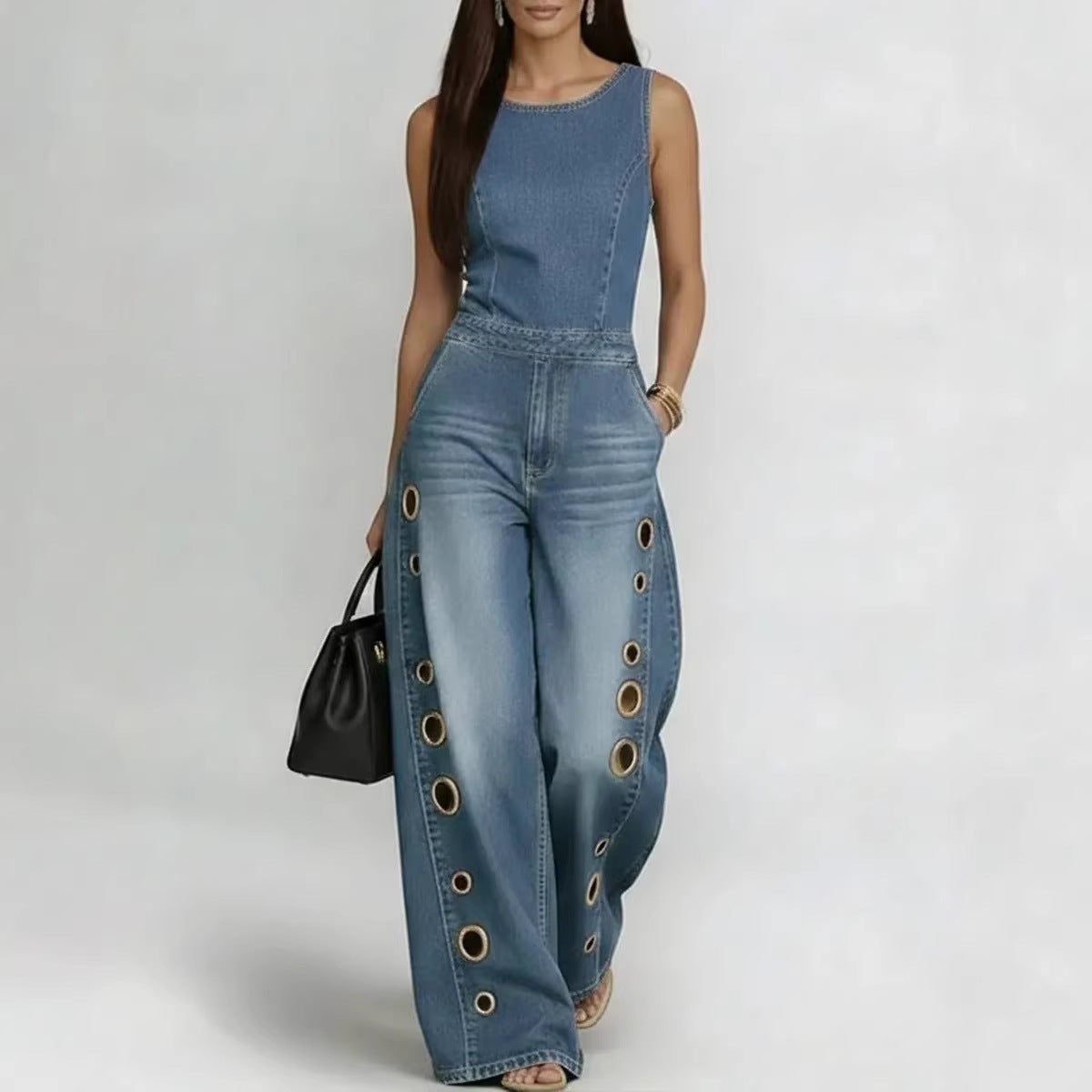 Women’s High-Waisted Sleeveless Denim Jumpsuit