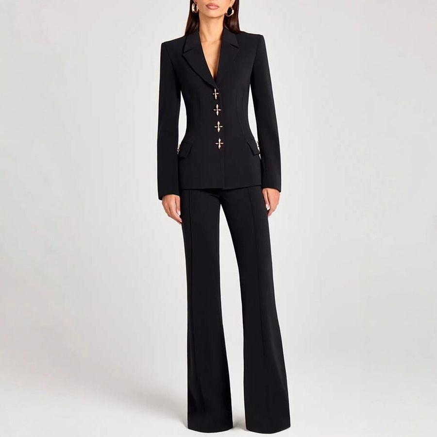 Women's Solid-Color Long-Sleeve Blazer with Metallic Zipper Detail