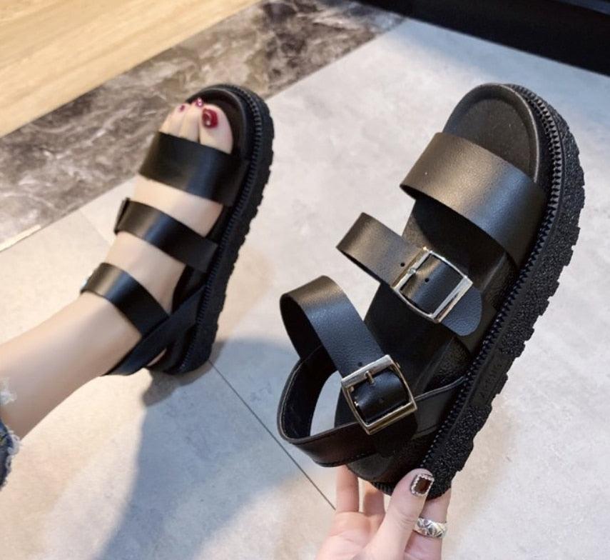 Black Summer Women's Flat Platform Sandals: Soft Leather, Casual Open Toe, Comfort Footbed, Double Buckle, Adjustable, Non-Slip Shoes