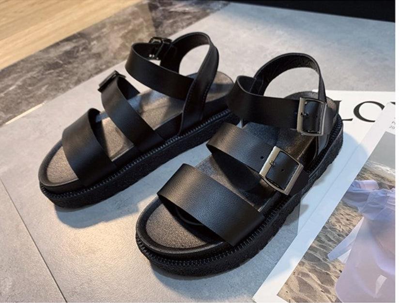 Black Summer Women's Flat Platform Sandals: Soft Leather, Casual Open Toe, Comfort Footbed, Double Buckle, Adjustable, Non-Slip Shoes