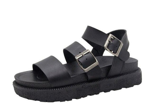 Black Summer Women's Flat Platform Sandals: Soft Leather, Casual Open Toe, Comfort Footbed, Double Buckle, Adjustable, Non-Slip Shoes