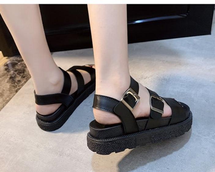 Black Summer Women's Flat Platform Sandals: Soft Leather, Casual Open Toe, Comfort Footbed, Double Buckle, Adjustable, Non-Slip Shoes