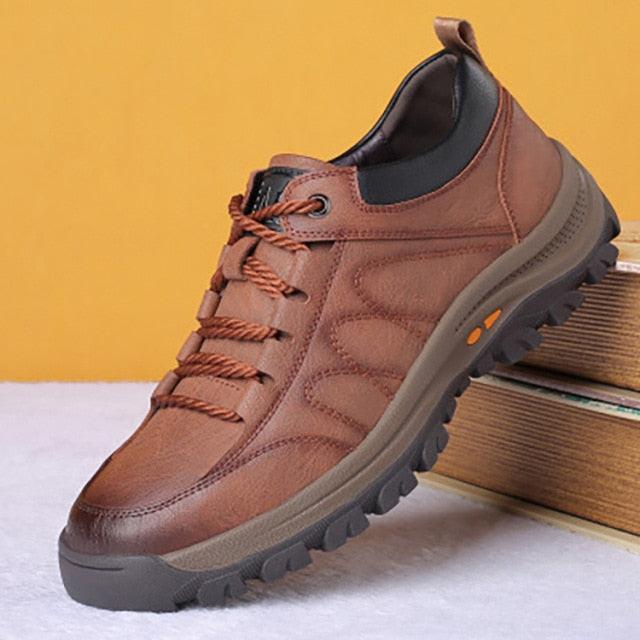 Black Leather Men's Casual Lace-up Platform Wear-Resistant Shoes