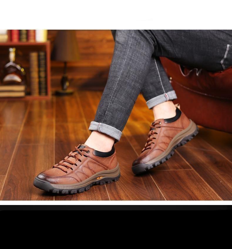 Black Leather Men's Casual Lace-up Platform Wear-Resistant Shoes