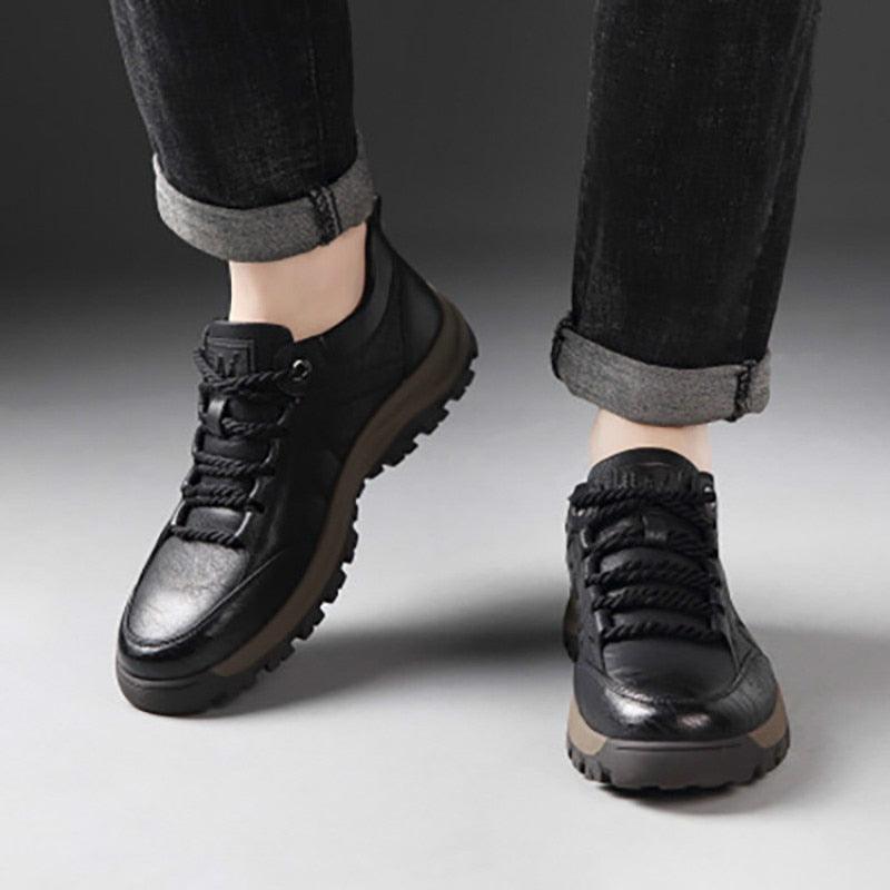 Black Leather Men's Casual Lace-up Platform Wear-Resistant Shoes