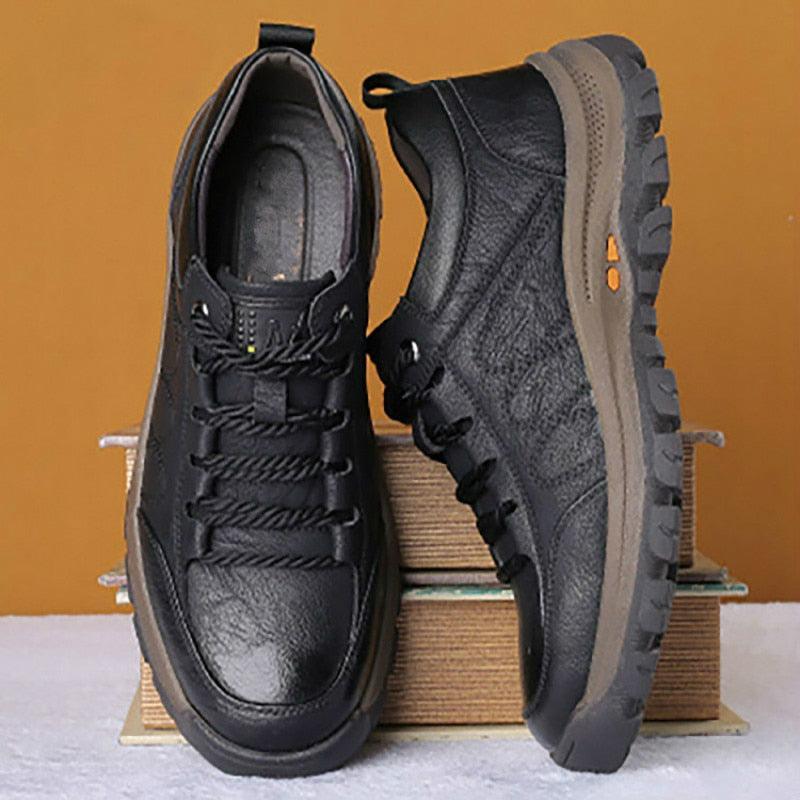 Black Leather Men's Casual Lace-up Platform Wear-Resistant Shoes