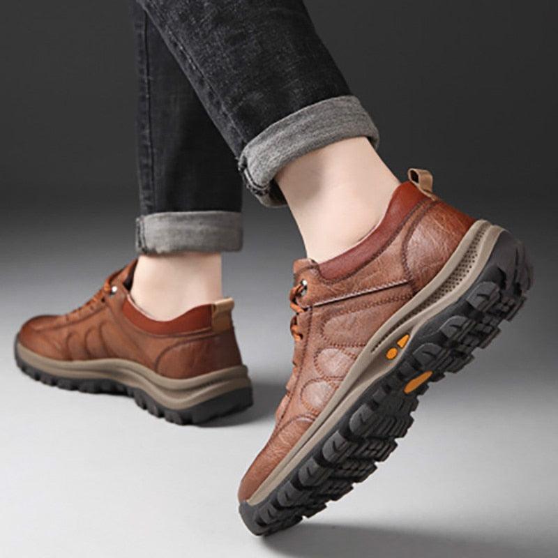 Black Leather Men's Casual Lace-up Platform Wear-Resistant Shoes