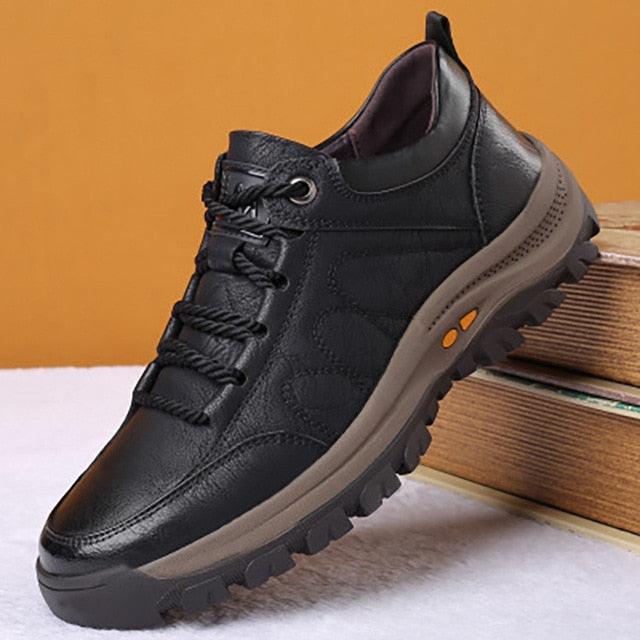 Black Leather Men's Casual Lace-up Platform Wear-Resistant Shoes