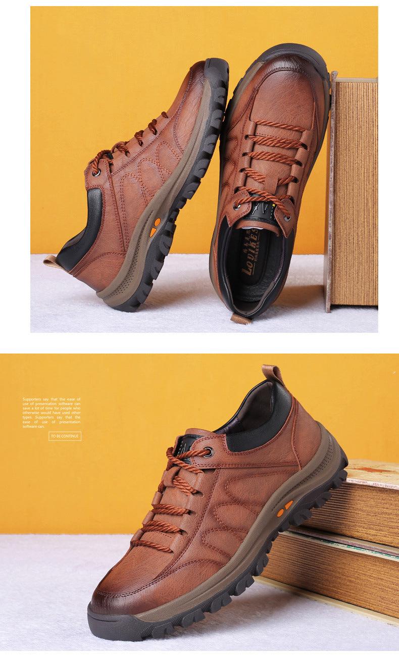 Black Leather Men's Casual Lace-up Platform Wear-Resistant Shoes
