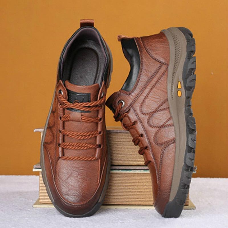 Black Leather Men's Casual Lace-up Platform Wear-Resistant Shoes