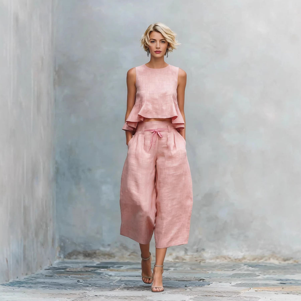 Women’s Linen-Blend Sleeveless Two Piece Set with Ruffled Detailing