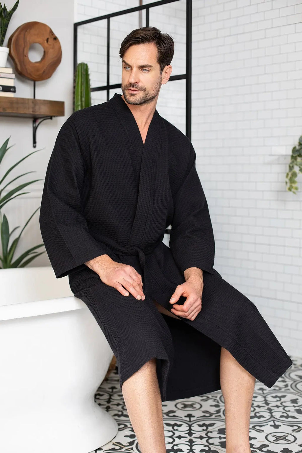 Waffle Spa Bathrobe for Men - Absorbent, Lightweight, with personalization available as an add-on.