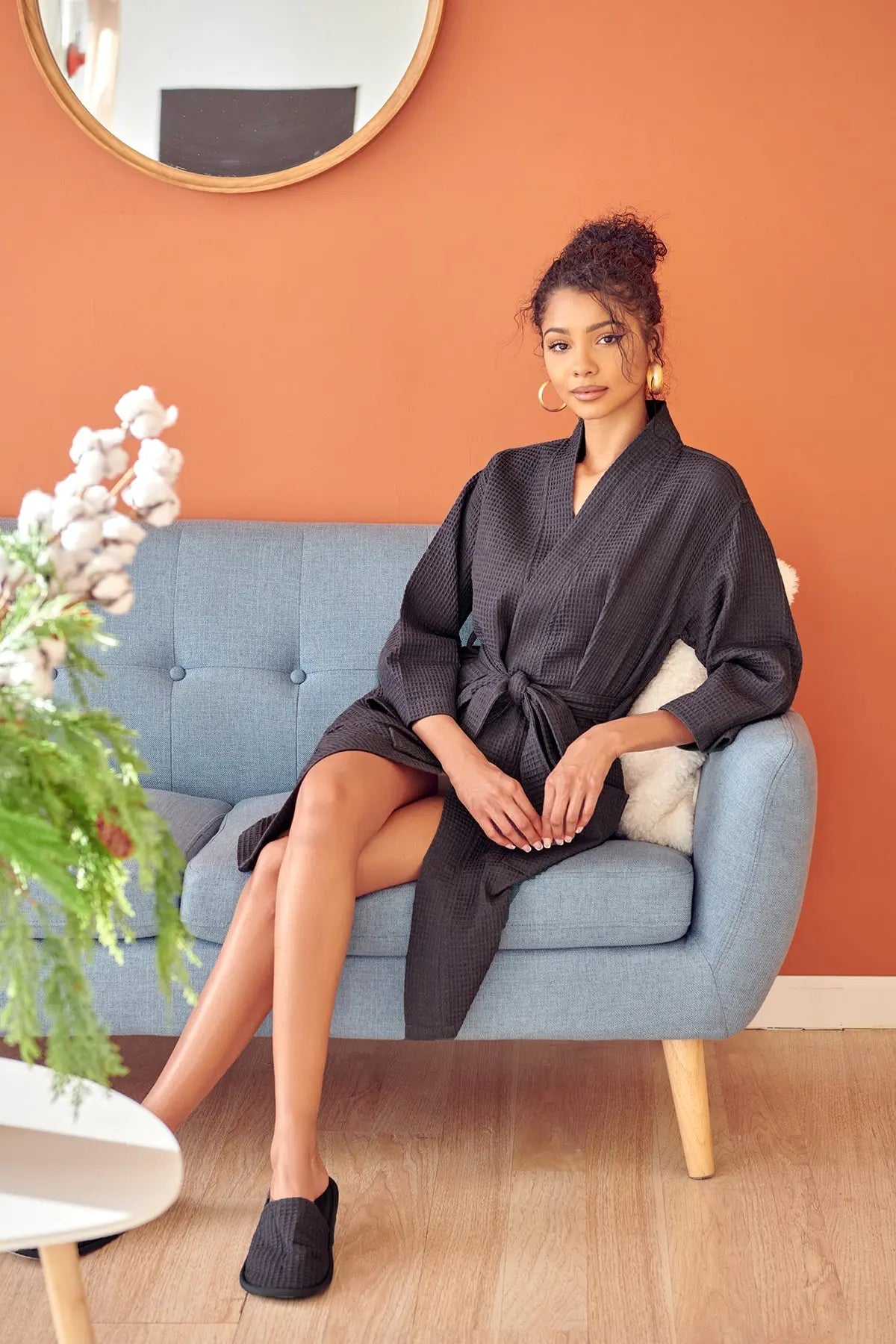 Knee-Length Waffle Robe for Women with Available Personalized Embroidery