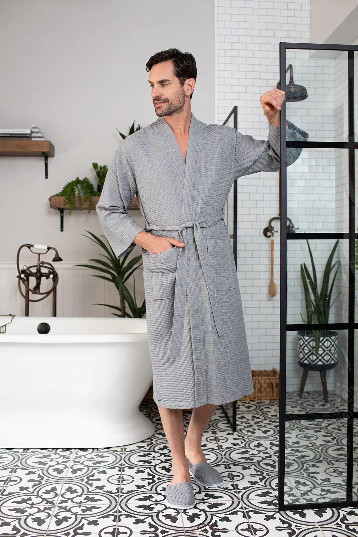 Waffle Spa Bathrobe for Men - Absorbent, Lightweight, with personalization available as an add-on.