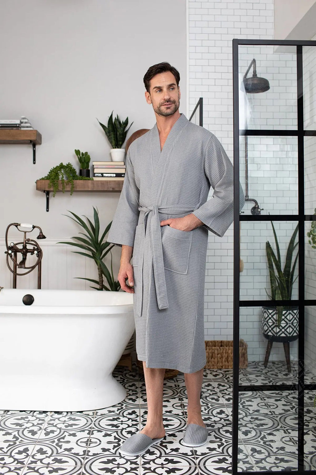 Waffle Spa Bathrobe for Men - Absorbent, Lightweight, with personalization available as an add-on.