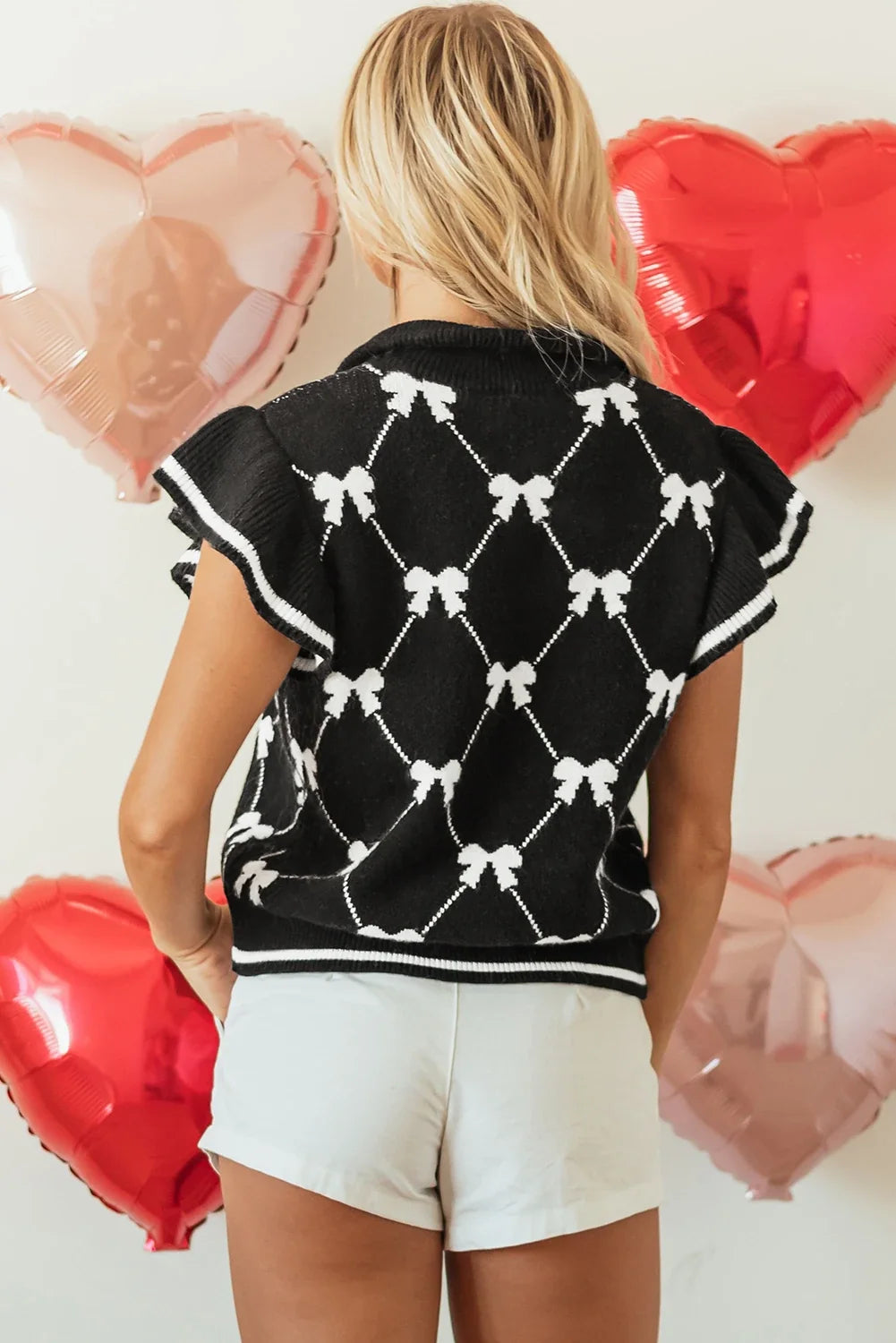 Heather - Black Chevron Pattern Bow Print Zipped Collar Sweater Top