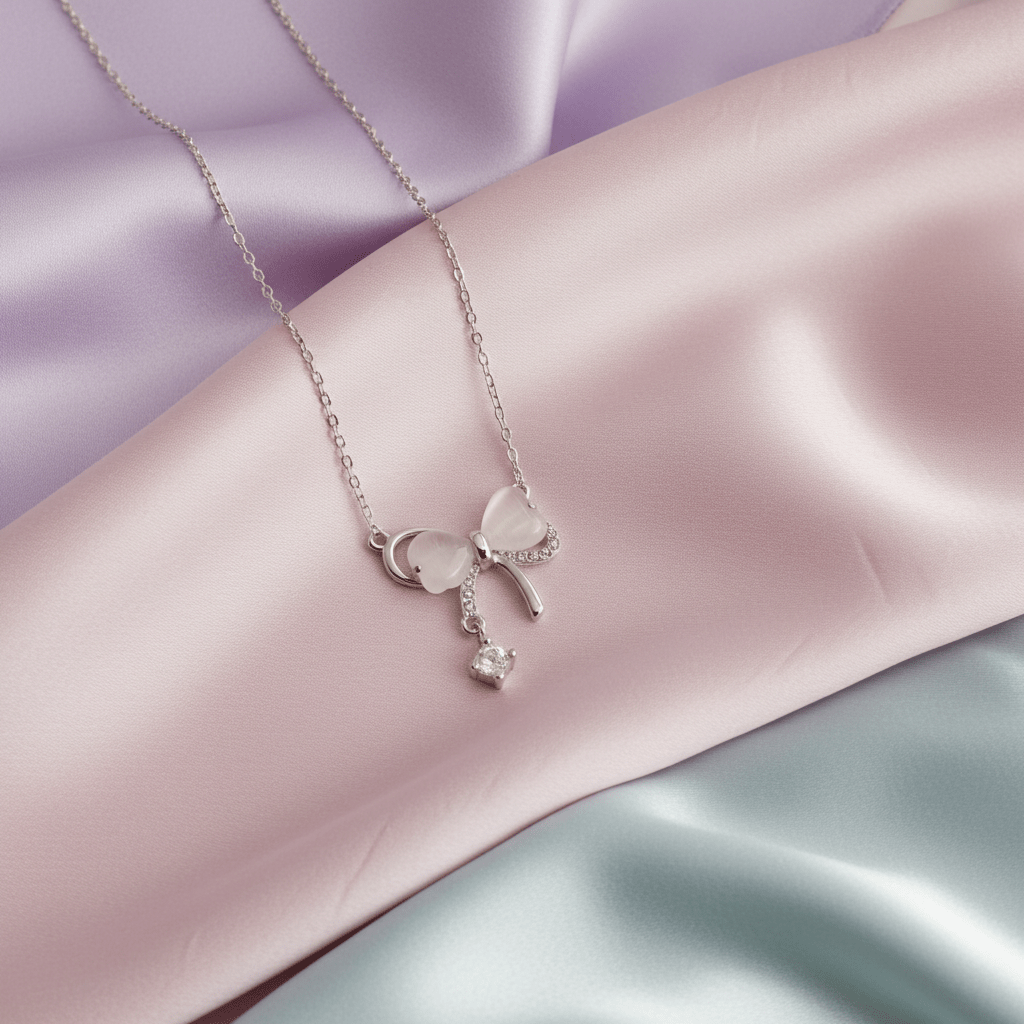 Bow Tie Necklace 925 Sterling Silver with Crystal Drop - Delicate Chain Jewelry for Sensitive Skin | Infant & Child Safe | Amtikiss Casuals