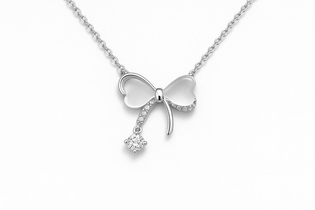 Bow Tie Necklace 925 Sterling Silver with Crystal Drop - Delicate Chain Jewelry for Sensitive Skin | Infant & Child Safe | Amtikiss Casuals