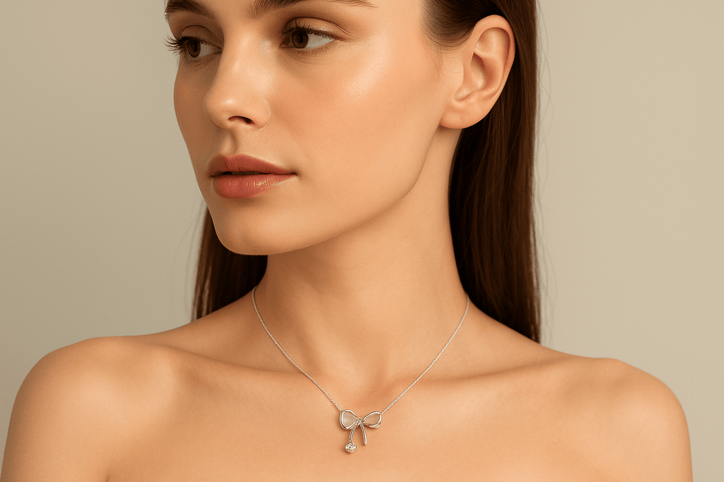 Bow Tie Necklace 925 Sterling Silver with Crystal Drop - Delicate Chain Jewelry for Sensitive Skin | Infant & Child Safe | Amtikiss Casuals