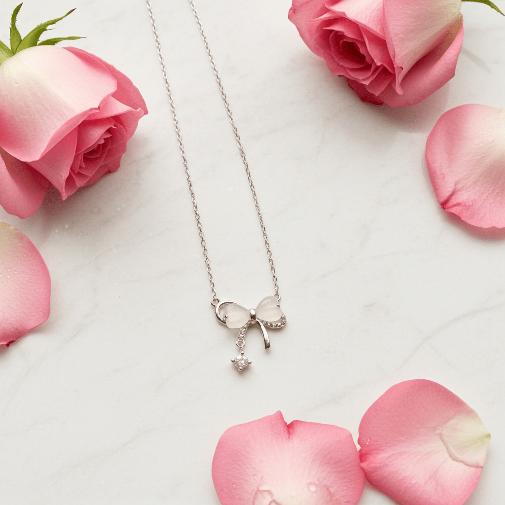 Bow Tie Necklace 925 Sterling Silver with Crystal Drop - Delicate Chain Jewelry for Sensitive Skin | Infant & Child Safe | Amtikiss Casuals