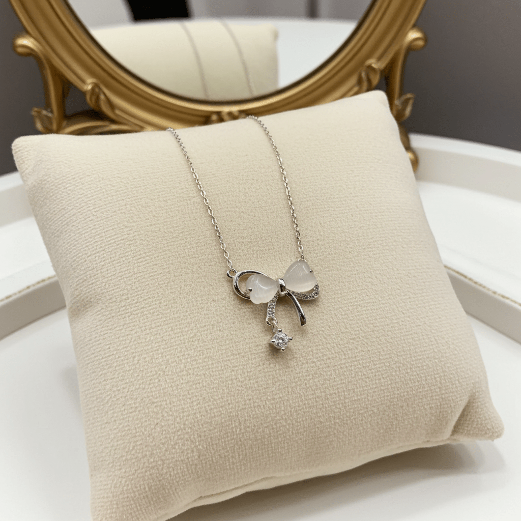 Bow Tie Necklace 925 Sterling Silver with Crystal Drop - Delicate Chain Jewelry for Sensitive Skin | Infant & Child Safe | Amtikiss Casuals