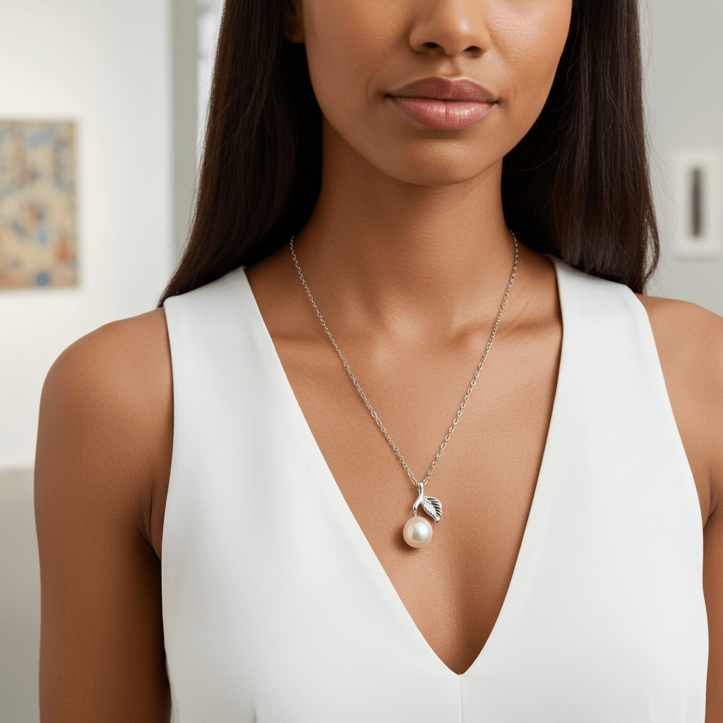 Elegant Pearl Leaf Necklace - 925 Sterling Silver Nature-Inspired Jewelry | Child & Teen Safe | Amtikiss Casuals