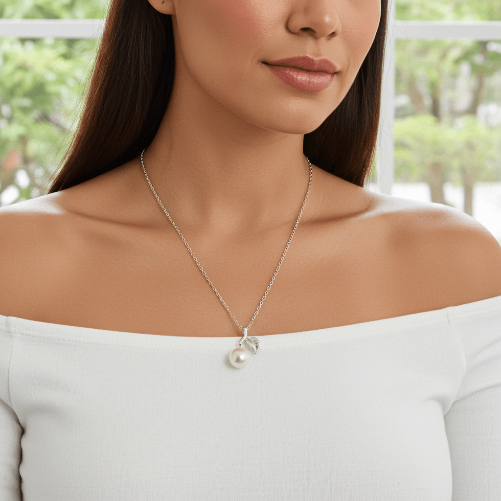Elegant Pearl Leaf Necklace - 925 Sterling Silver Nature-Inspired Jewelry | Child & Teen Safe | Amtikiss Casuals