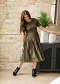Emersyn Olive Pleated Midi Dress
