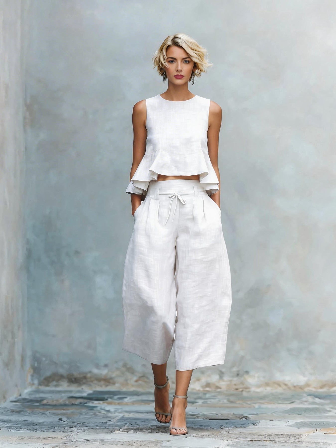 Women’s Linen-Blend Sleeveless Two Piece Set with Ruffled Detailing