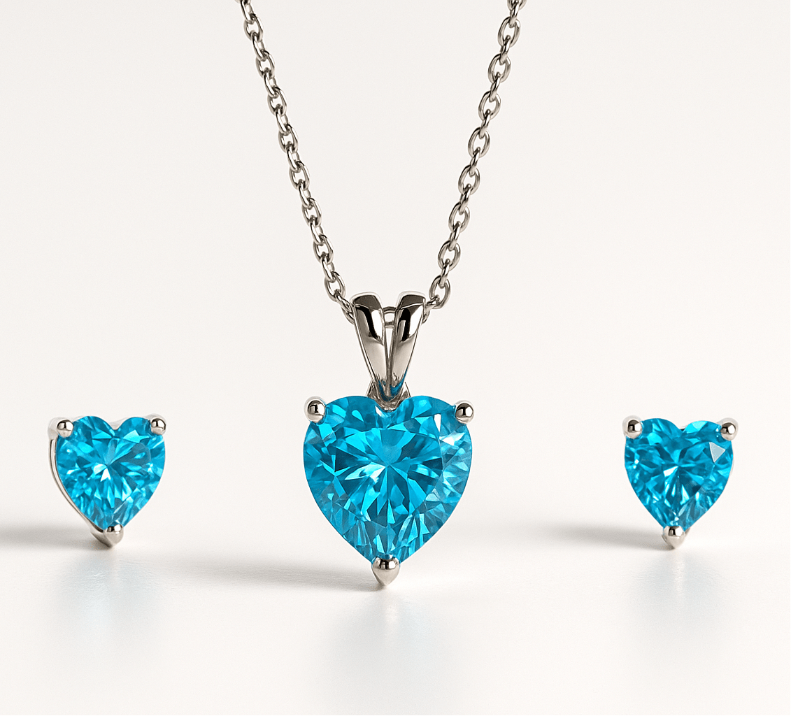 Hypoallergenic Rhodium Plated 925 Sterling Silver Turquoise Blue CZ Heart Jewelry Set | Child & Teen Safe | Amtikiss Casuals
