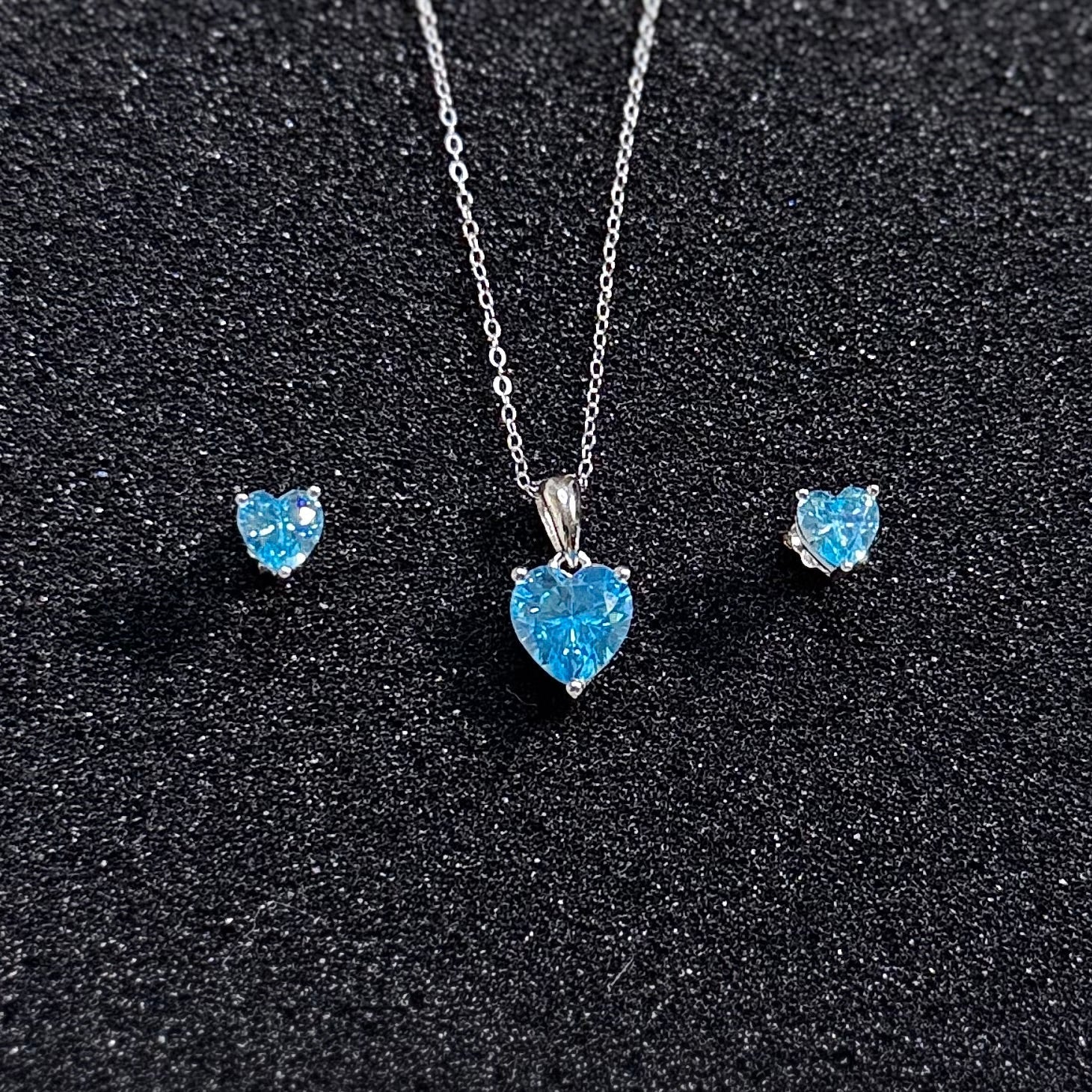 Hypoallergenic Rhodium Plated 925 Sterling Silver Turquoise Blue CZ Heart Jewelry Set | Child & Teen Safe | Amtikiss Casuals