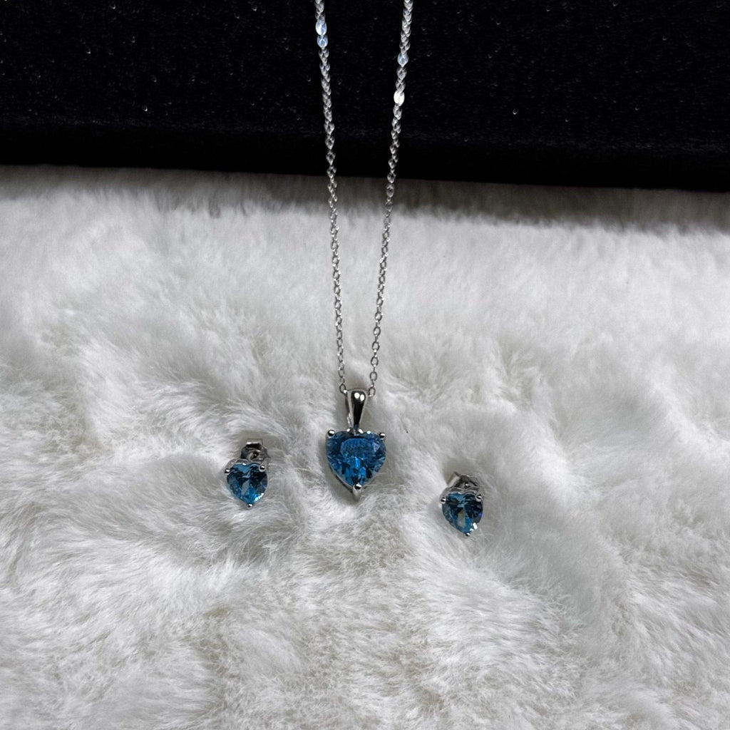 Hypoallergenic Rhodium Plated 925 Sterling Silver Turquoise Blue CZ Heart Jewelry Set | Child & Teen Safe | Amtikiss Casuals