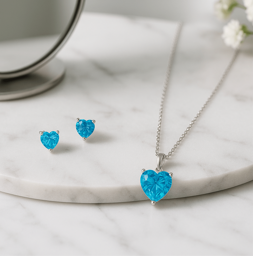 Hypoallergenic Rhodium Plated 925 Sterling Silver Turquoise Blue CZ Heart Jewelry Set | Child & Teen Safe | Amtikiss Casuals