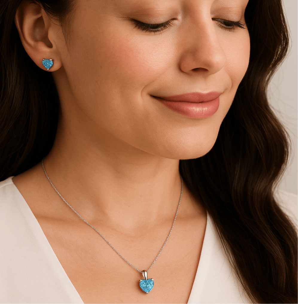 Hypoallergenic Rhodium Plated 925 Sterling Silver Turquoise Blue CZ Heart Jewelry Set | Child & Teen Safe | Amtikiss Casuals