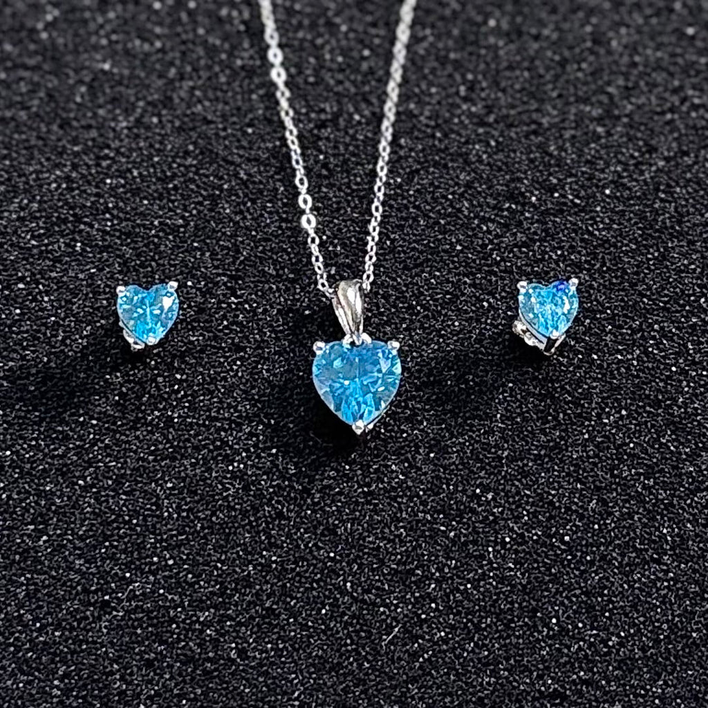 Hypoallergenic Rhodium Plated 925 Sterling Silver Turquoise Blue CZ Heart Jewelry Set | Child & Teen Safe | Amtikiss Casuals