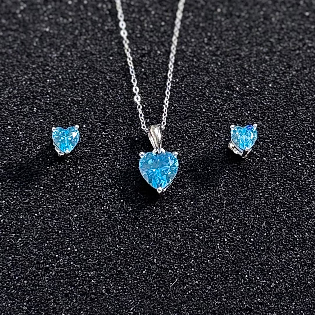Hypoallergenic Rhodium Plated 925 Sterling Silver Turquoise Blue CZ Heart Jewelry Set | Child & Teen Safe | Amtikiss Casuals