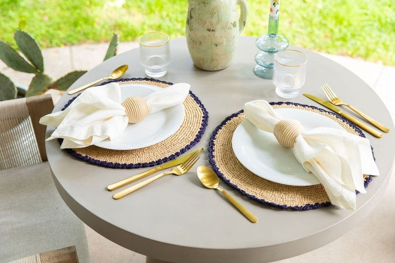 Handwoven Aura Blue Edge Placemat - Rustic Woven Raffia Tabletop Decor