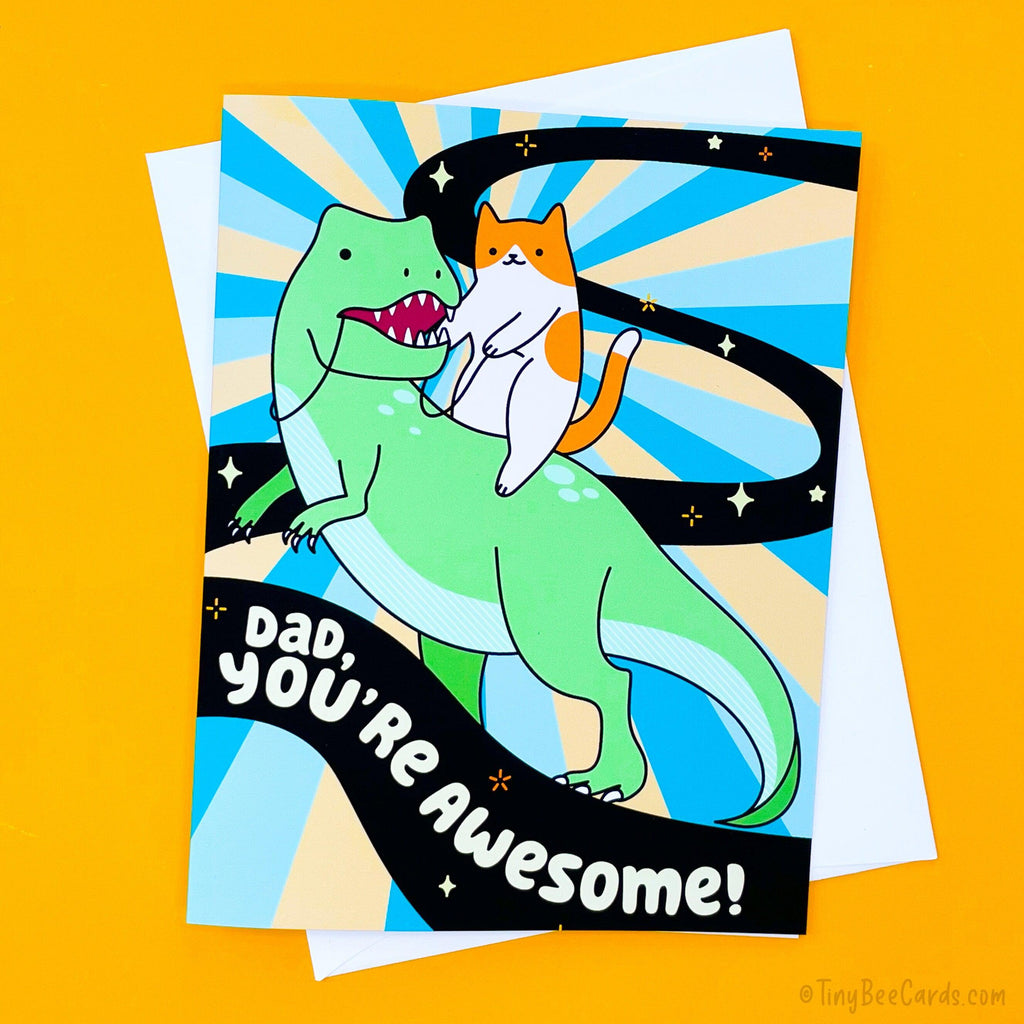 Cat Riding T-Rex Dinosaur Father's Day or Birthday Card "Dad, You're Awesome"