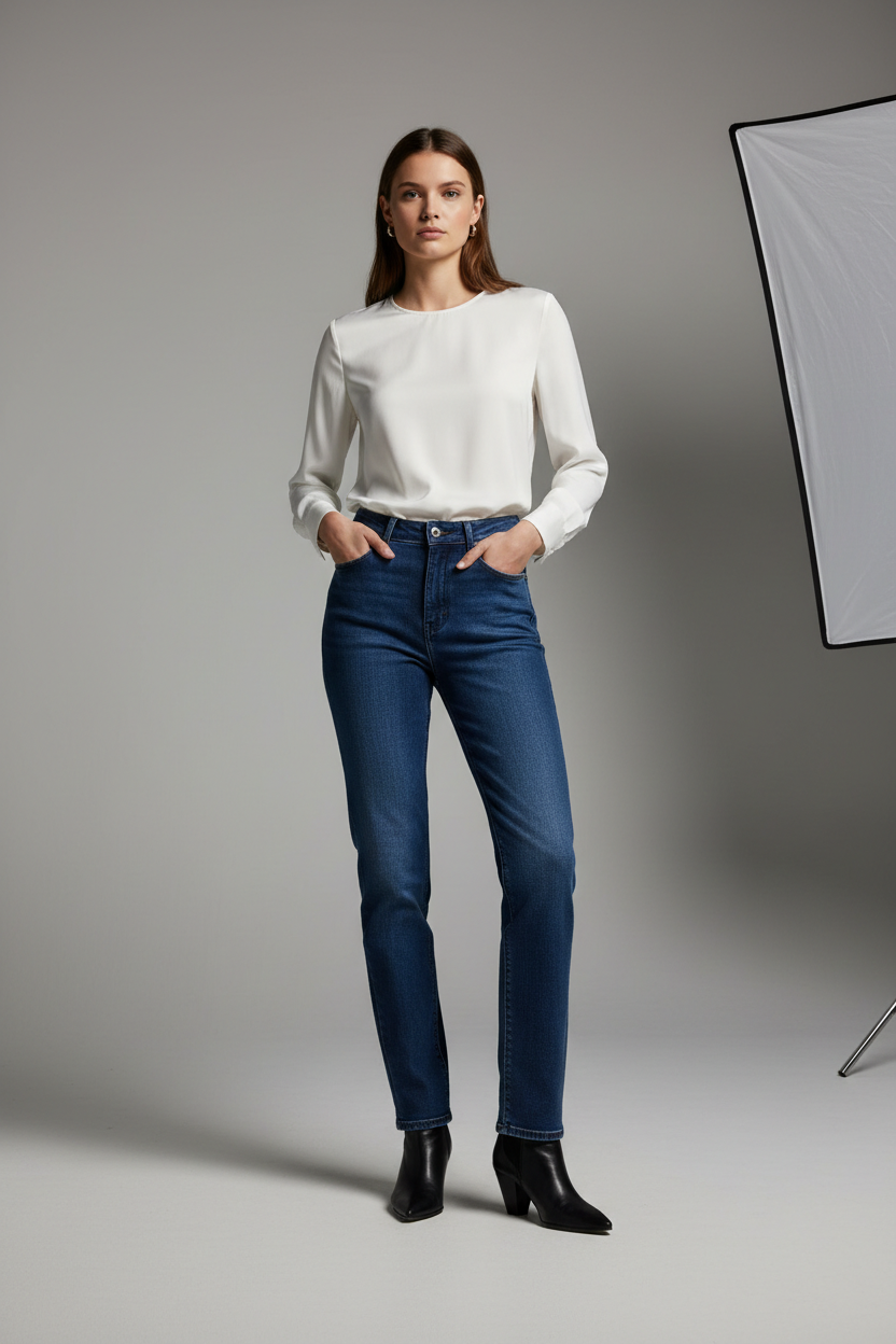 High-Waist Stretch Denim Jeans - Women's Straight Leg