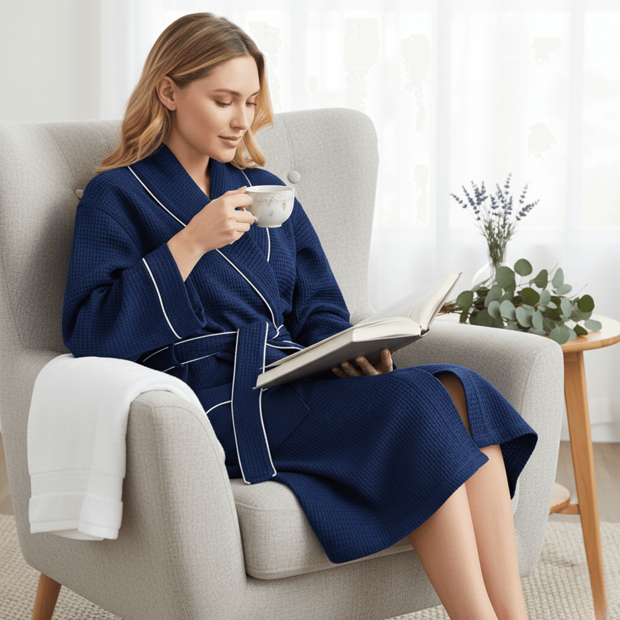 Knee-Length Waffle Robe for Women with Available Personalized Embroidery