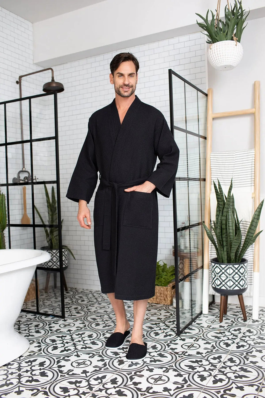 Waffle Spa Bathrobe for Men - Absorbent, Lightweight, with personalization available as an add-on.