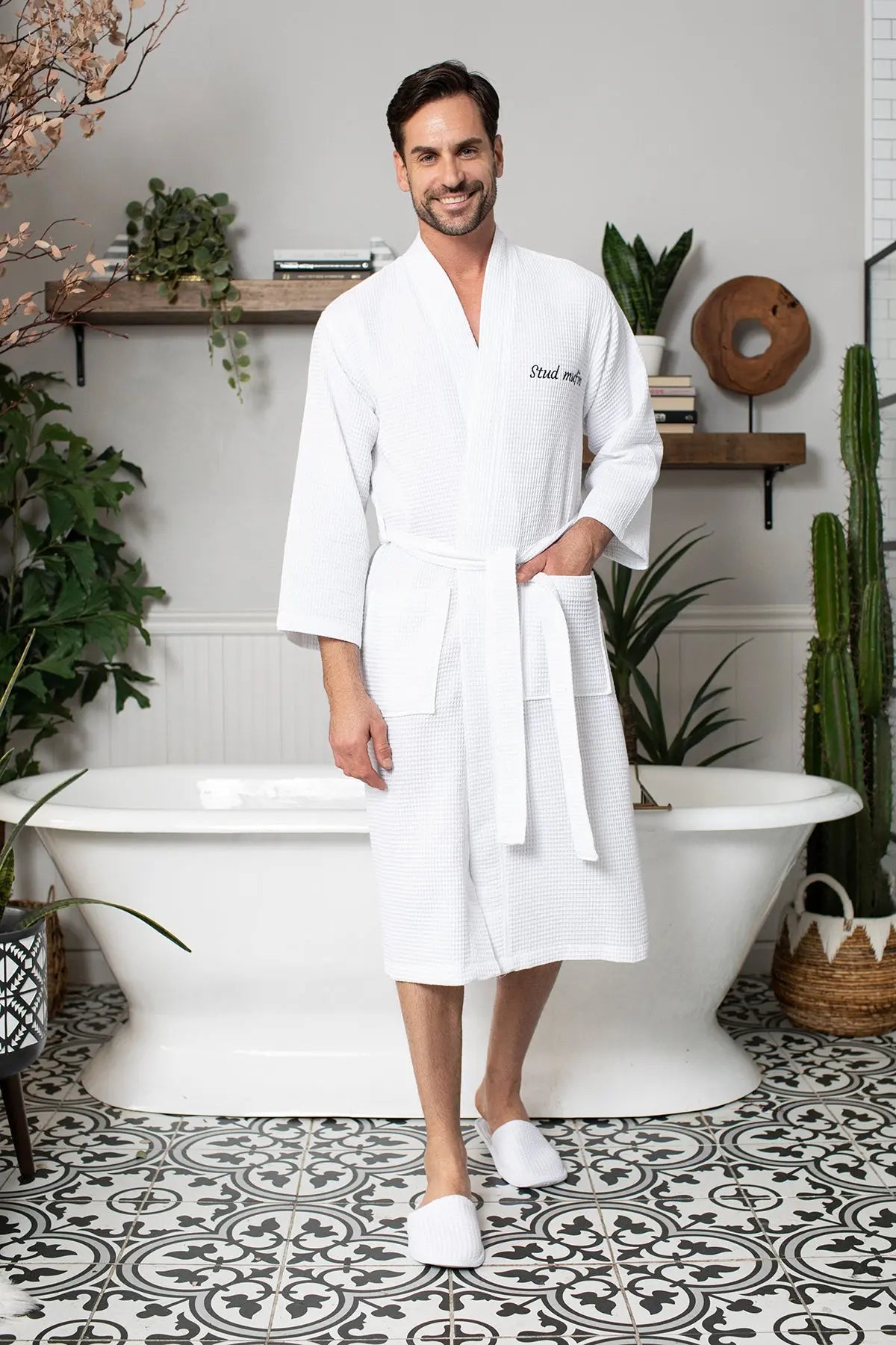 Waffle Spa Bathrobe for Men - Absorbent, Lightweight, with personalization available as an add-on.