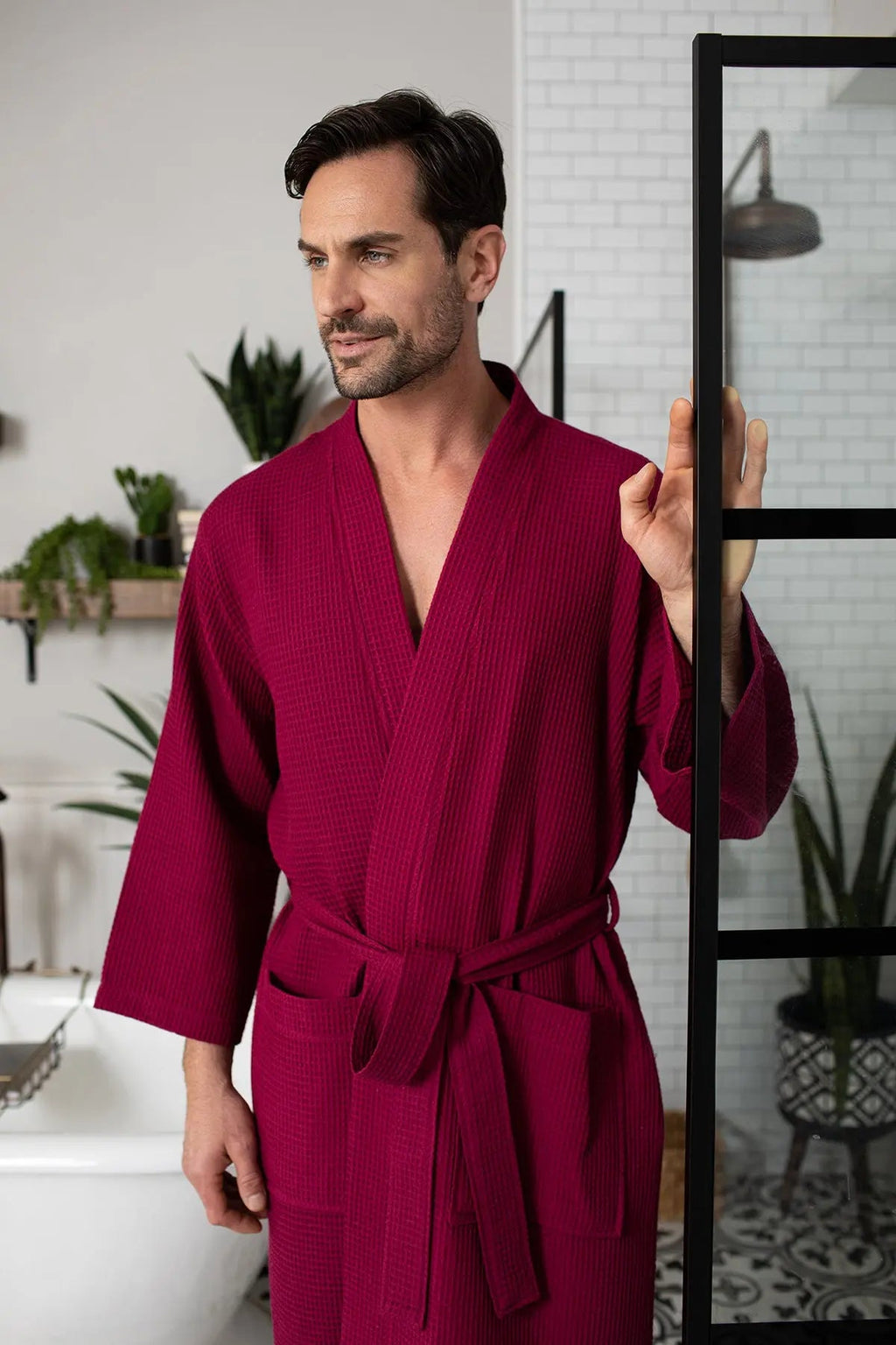 Waffle Spa Bathrobe for Men - Absorbent, Lightweight, with personalization available as an add-on.