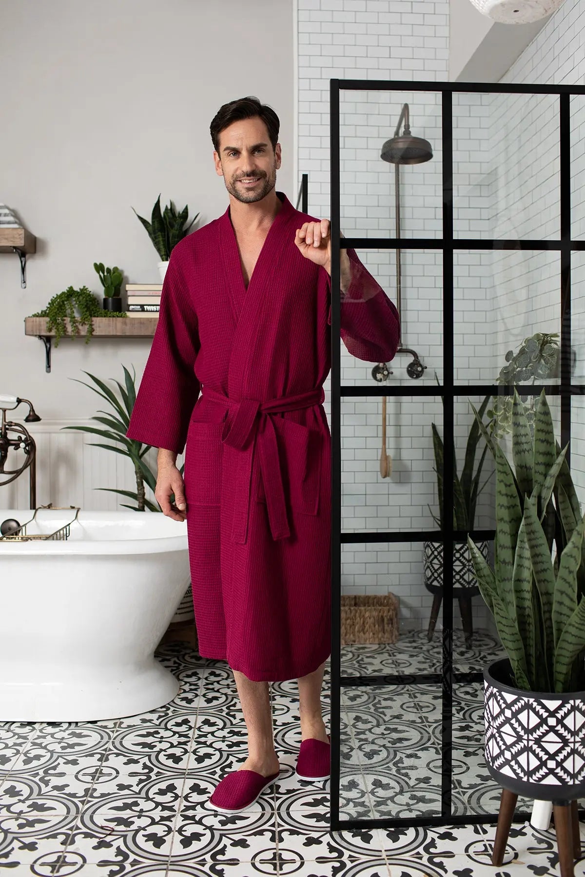 Waffle Spa Bathrobe for Men - Absorbent, Lightweight, with personalization available as an add-on.