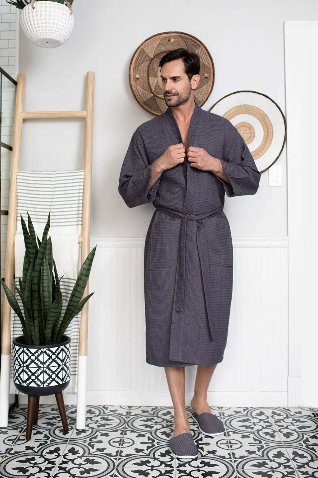 Waffle Spa Bathrobe for Men - Absorbent, Lightweight, with personalization available as an add-on.