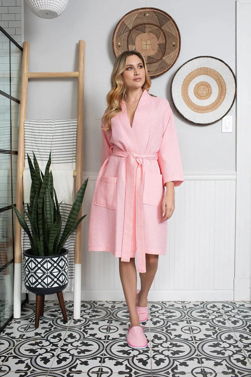 Knee-Length Waffle Robe for Women with Available Personalized Embroidery