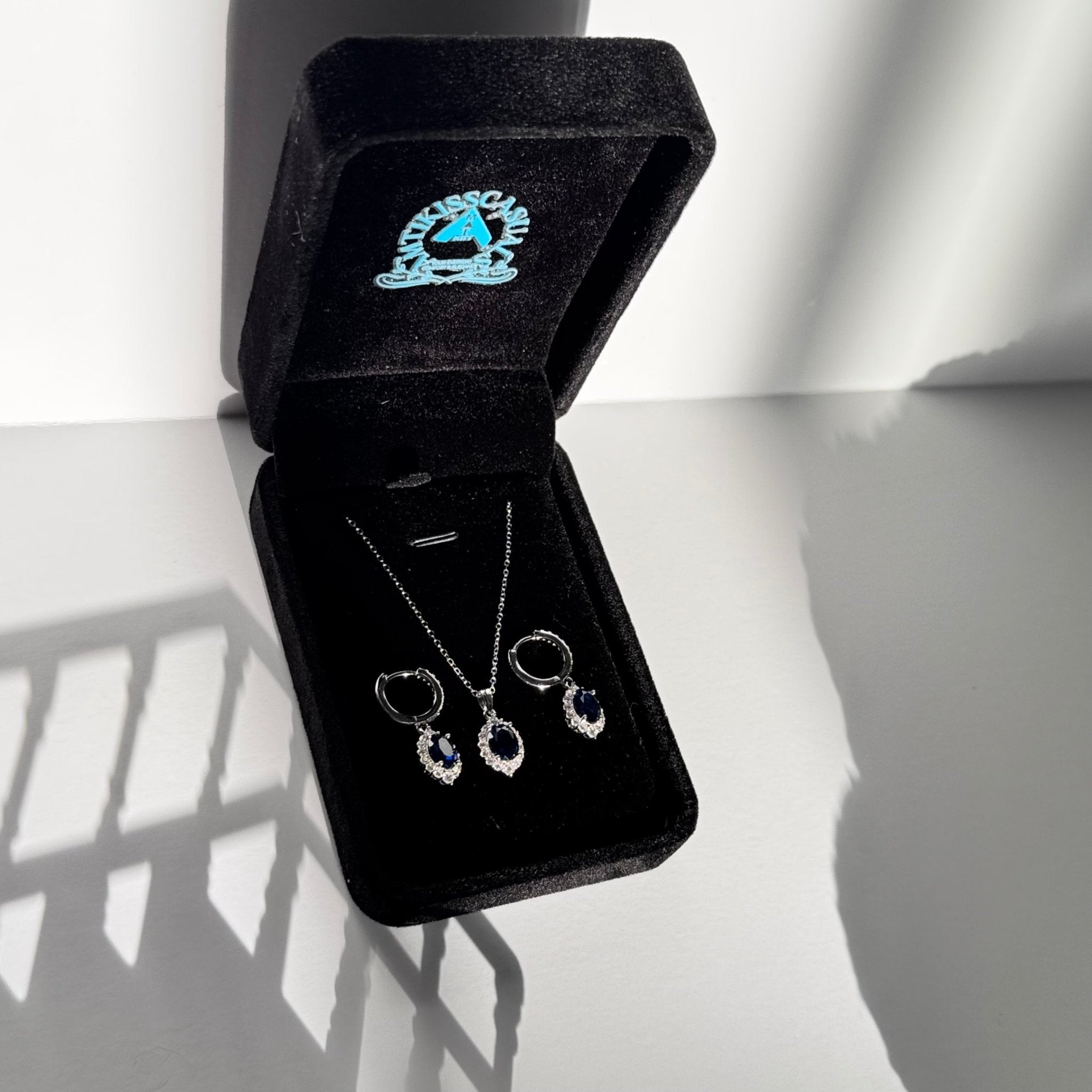 Sapphire Blue Elegance Jewelry Set - 925 Sterling Silver Hoop Earrings & Pendant Necklace | Women's | Amtikiss Casuals