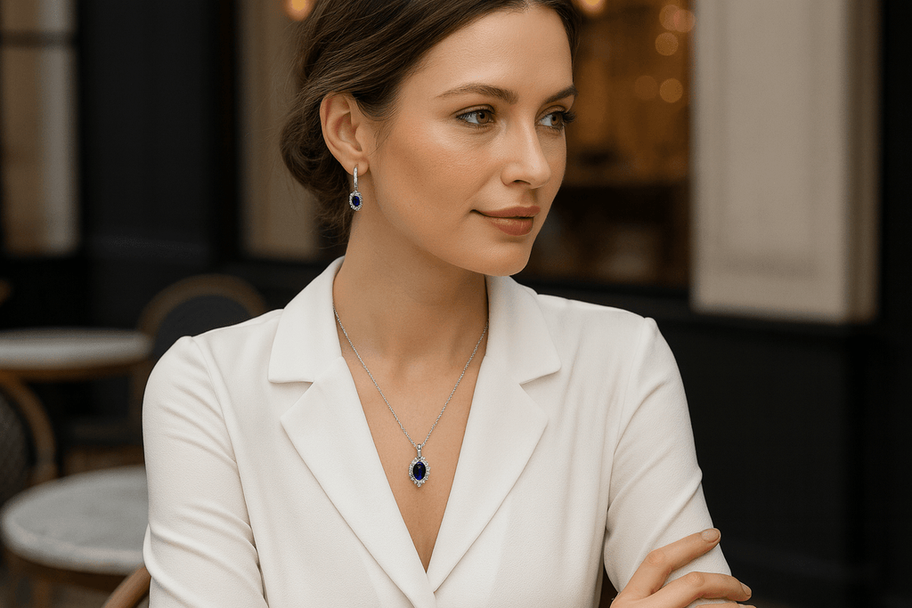 Sapphire Blue Elegance Jewelry Set - 925 Sterling Silver Hoop Earrings & Pendant Necklace | Women's | Amtikiss Casuals